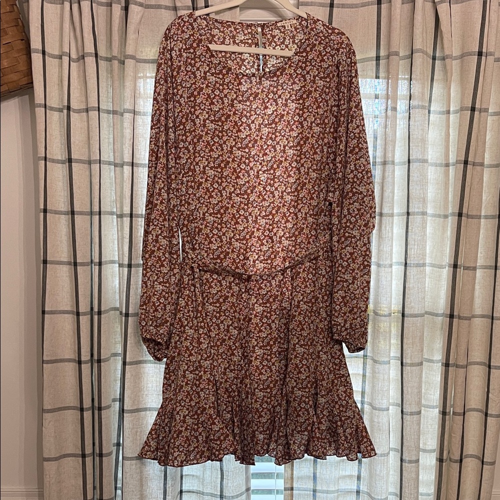 Chic Soul Floral Long Sleeve Dress in Brown and Cream